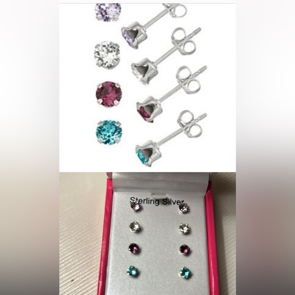 Girl’s Crystal Sterling Silver stud earrings (set of 4)